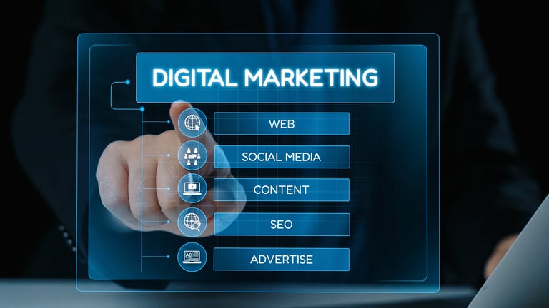 Interactive digital marketing components with web, social media, content, SEO and advertise