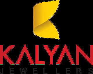 Kalyan Jewelers logo featuring yellow curved shape and red text on black background